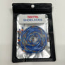 A coiled pair of blue shoelaces with blue, orange and yellow patterned edges, sealed in a black stand-up pouch with a white label that reads 'hotVWVs SHOELACES' on a plain light background.
