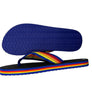 Flip-flop with blue sole and colorful strap on a white background