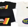 Two T-shirts, one black and one white, each with the 'hot VWs' logo printed on the back. The black T-shirt also features a colorful design on the front.