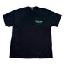 Black t-shirt with a green logo on a white background