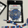 A pair of HotVWs brand shoelaces with a blue, white, and orange striped pattern, shown both inside their black resealable packaging pouch and laid out on a white surface.