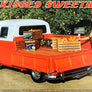Vintage-style promotional photo for Sunkissed Sweetness featuring a white and orange classic VW camper truck loaded with fruit crates, with a woman posing beside it in front of an orange grove. Large 'SUNKISSED SWEETNESS' text appears across the top, and smaller text and logos are visible along the bottom.