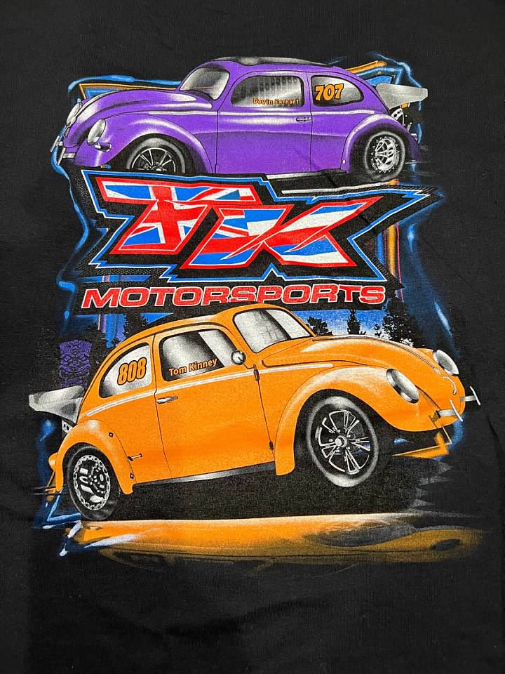 Black t-shirt with purple and orange cars and 'TK Motorsports' logo.