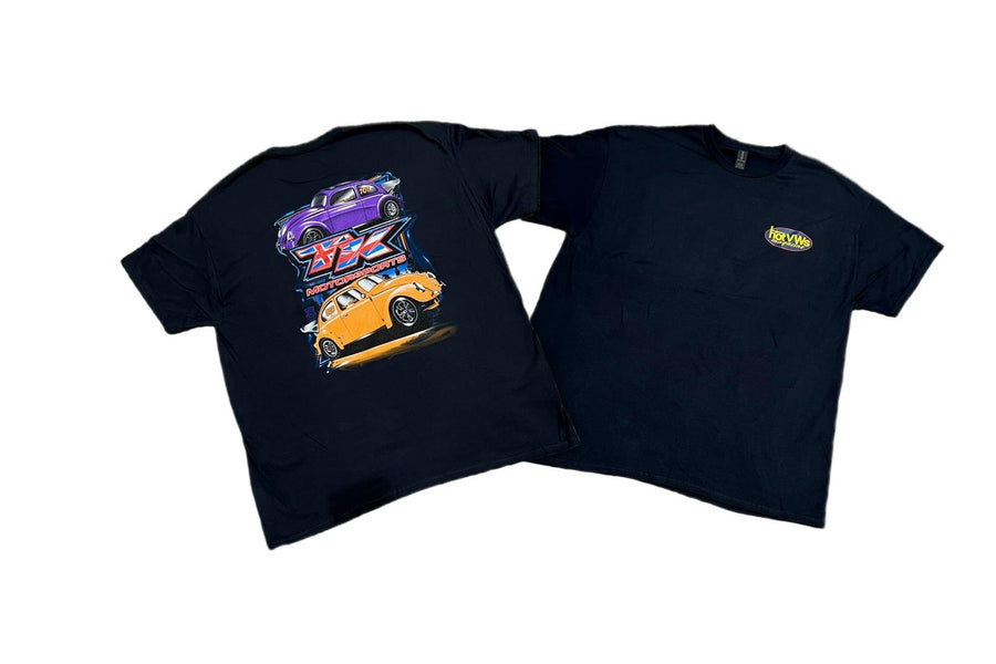 Two black t-shirts with car graphics on a white background