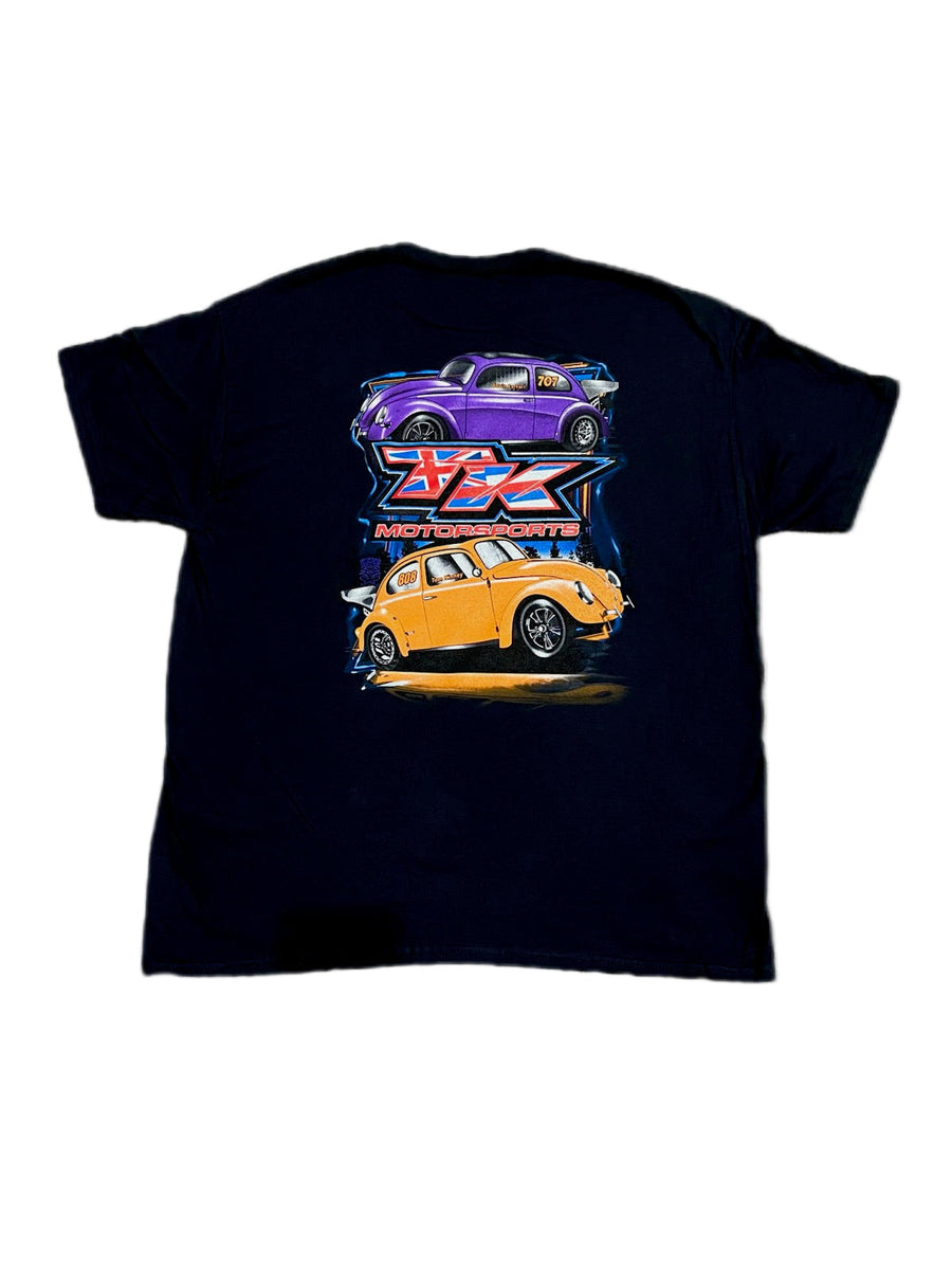 Black t-shirt with a graphic of two cars on the back, one purple and one orange, on a white background.