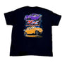 Black t-shirt with a graphic of two cars on the back, one purple and one orange, on a white background.
