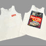 Two white tank tops shown on a black background, one displaying a small red 'hotVWs' logo on the chest and the other showing a large vintage-style magazine cover graphic with a car and the words 'hotVWs magazines'.