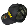 Black mesh cap with yellow logo on a black background
