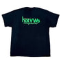 Black t-shirt with green text on a white background