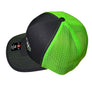 Black and green mesh cap with a brand logo on a black background