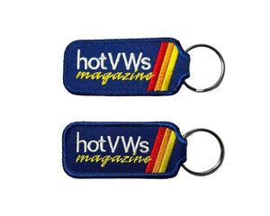 Key chain embroidered with "hot VWs Magazine" on blue fabric.