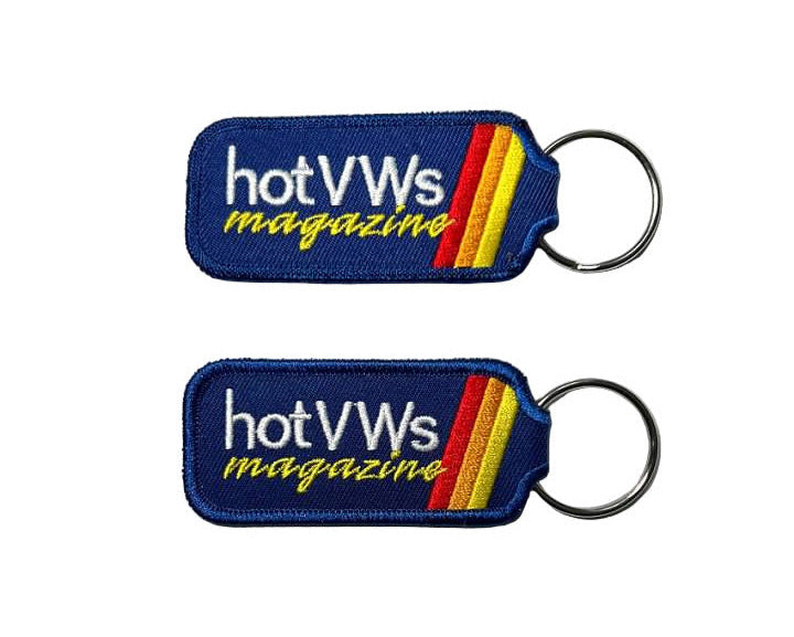 Key chain embroidered with "hot VWs Magazine" on blue fabric.