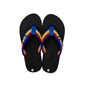 Black flip-flops with colorful straps on a white background