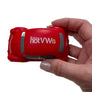 Red hot VWS stress car held by a hand on a white background
